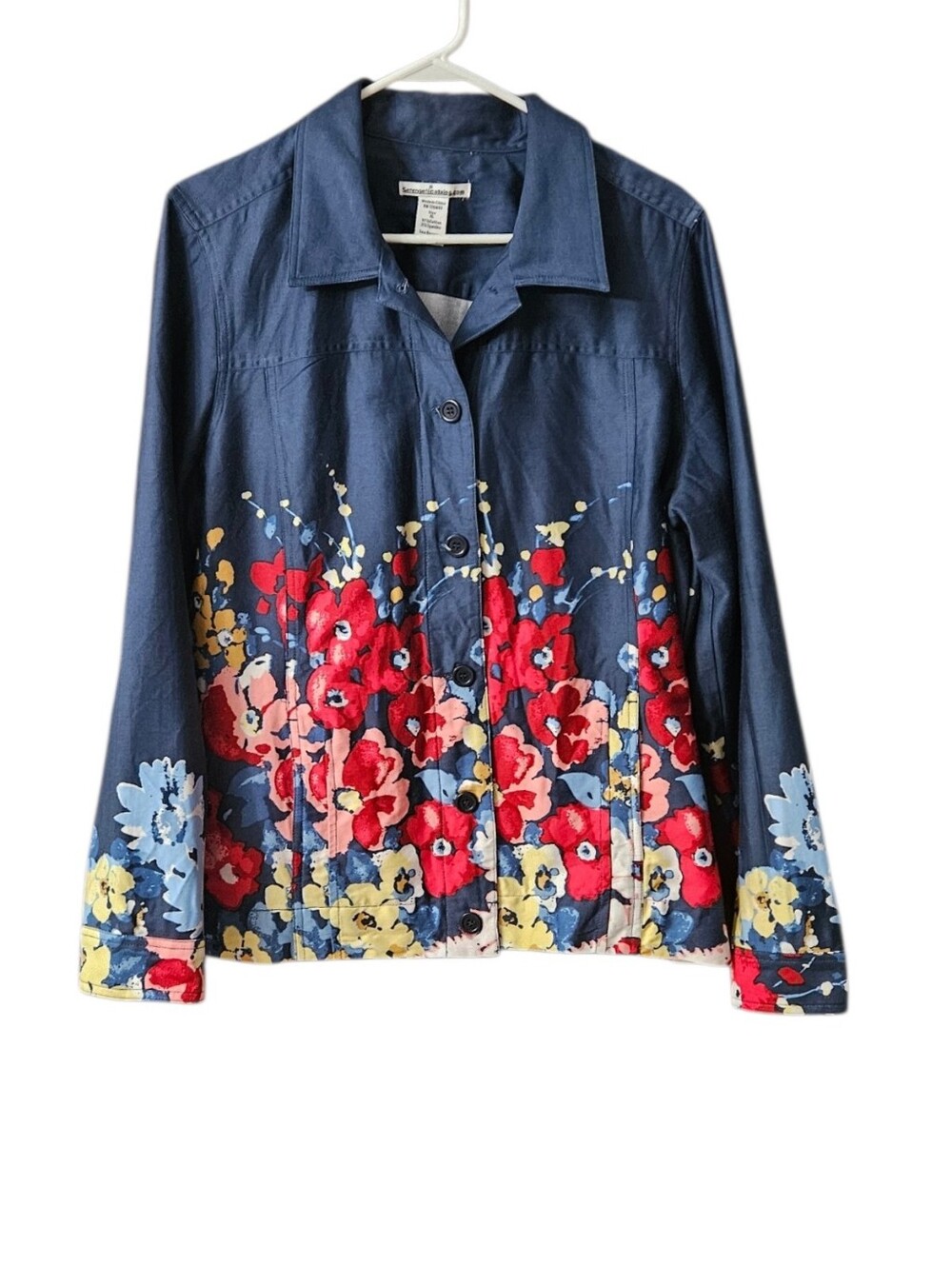 Serengeti Floral Shirt Jacket Blazer Women's XL Blue Button Front Navy